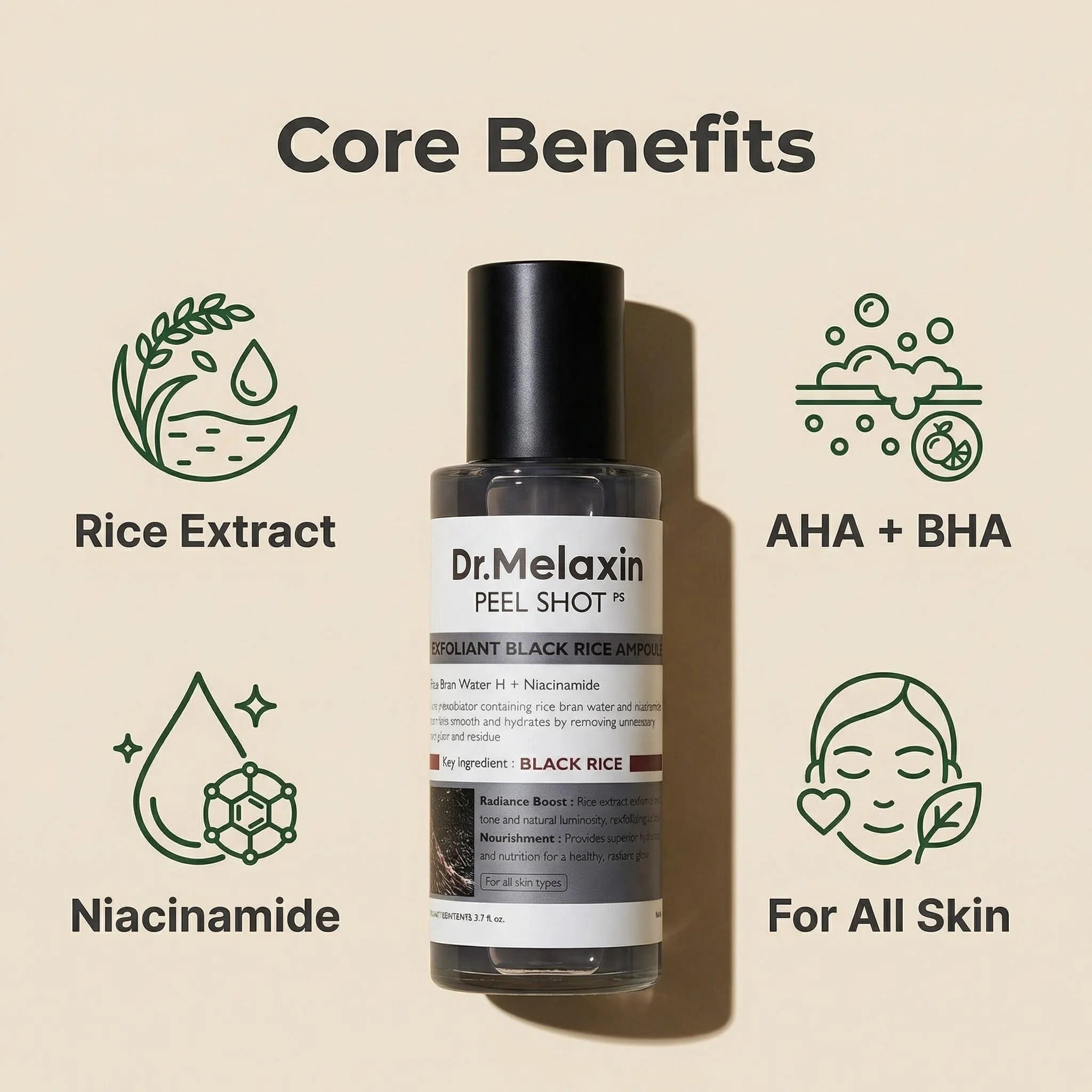 Black Rice Exfoliating Ampoule 80ml, Rice Water Extract, AHA BHA, Niacinamide, All Skin Types