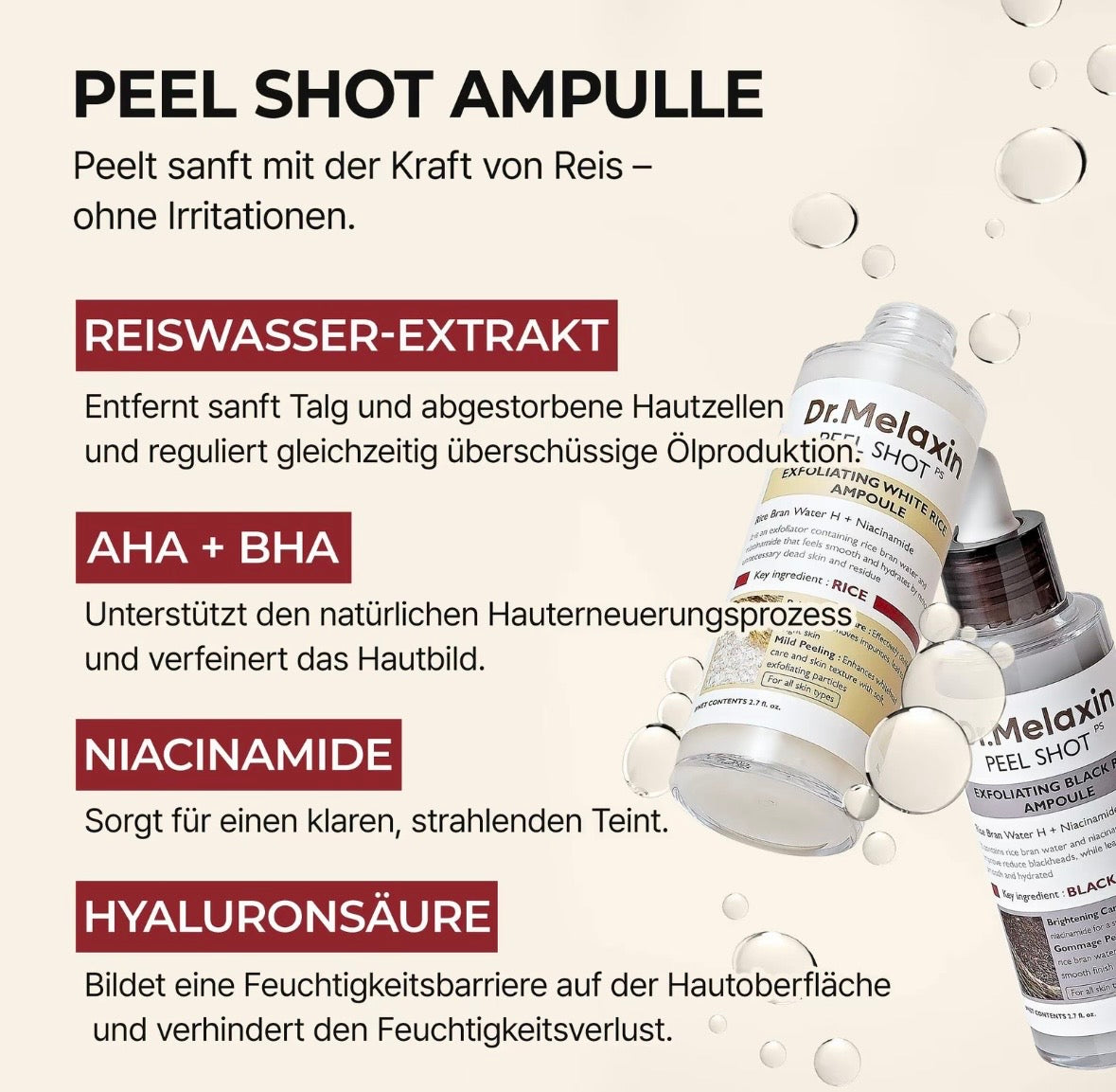 Peel Shot Glow [Dr.Melaxin Offizieller Shop]
Reis-Ampullen Duo - Serum für Aufhellung, sanftes Peeling und Feuchtigkeitspflege - Für
alle Hauttypen geeignet