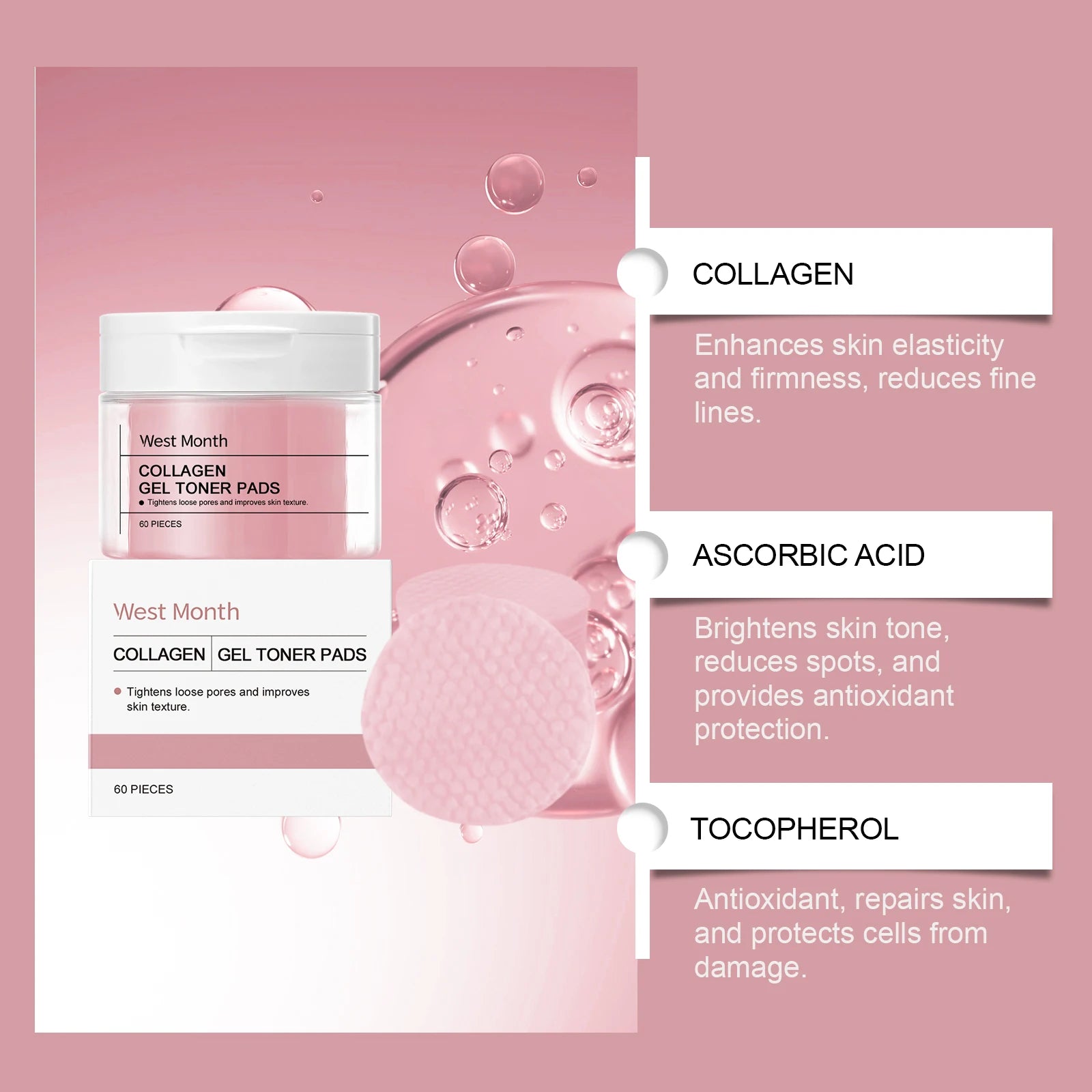 Collagen Hyaluronic Acid Cottons Pads Hydrate Brightening Improve Skins Elasticity Shrink Pores Fade Fine Lines Serum Cotton Pad