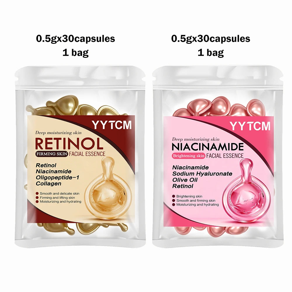 Niacinamide Facial Essence Capsules, Containing Retinol, Olive Fruit Oil, Gardenia Extract, Brighten Skin Tone, Moisturize and Hydrate, Smooth and Refine Skin (0.5Gx30 Capsules)/Bag-1 Bag