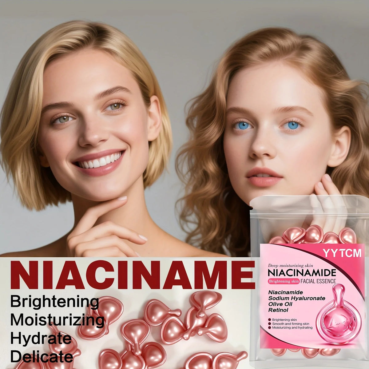 Niacinamide Facial Essence Capsules, Containing Retinol, Olive Fruit Oil, Gardenia Extract, Brighten Skin Tone, Moisturize and Hydrate, Smooth and Refine Skin (0.5Gx30 Capsules)/Bag-1 Bag