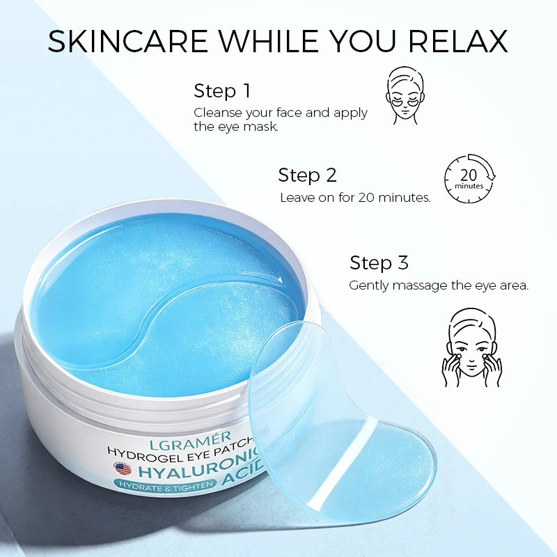 60PCS Collagen Gel Eye Patches with Hyaluronic Acid, Hydrating Under Eye Mask for Puffy Eyes, Dark Circles, Eye Bags & Fine Line